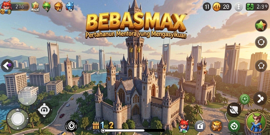 Tampilan gameplay BEBASMAX yang menegangkan dalam pertahanan menara.