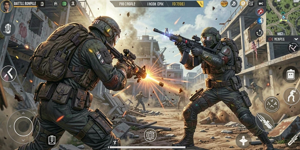 Tampilan gameplay seru F08 dalam pertarungan Battle Royale.