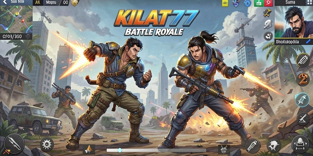 Tangkapan layar utama KILAT77 menampilkan pertempuran yang mendebarkan dalam gaya Battle Royale.