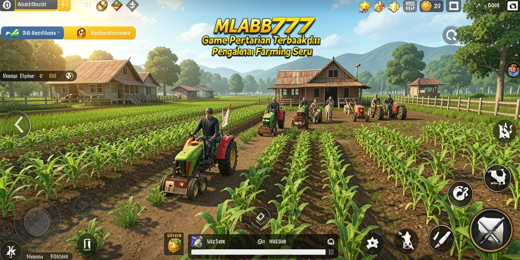 Screenshot gameplay MLBB777 menunjukkan petani menanam padi di ladang.