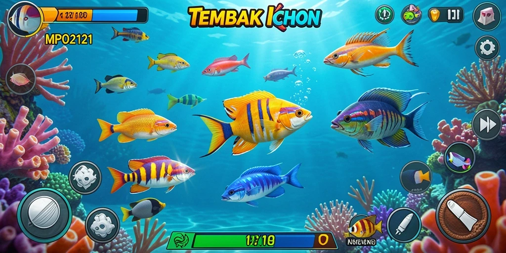Tampilan gameplay MPO2121 dengan aksi menembak ikan yang seru.