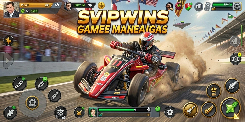 Screenshot gameplay SVIPWINS dengan aksi balapan mendebarkan.