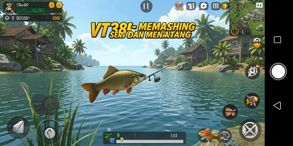 Screenshot gameplay VT38 menampilkan momen seru menangkap ikan.